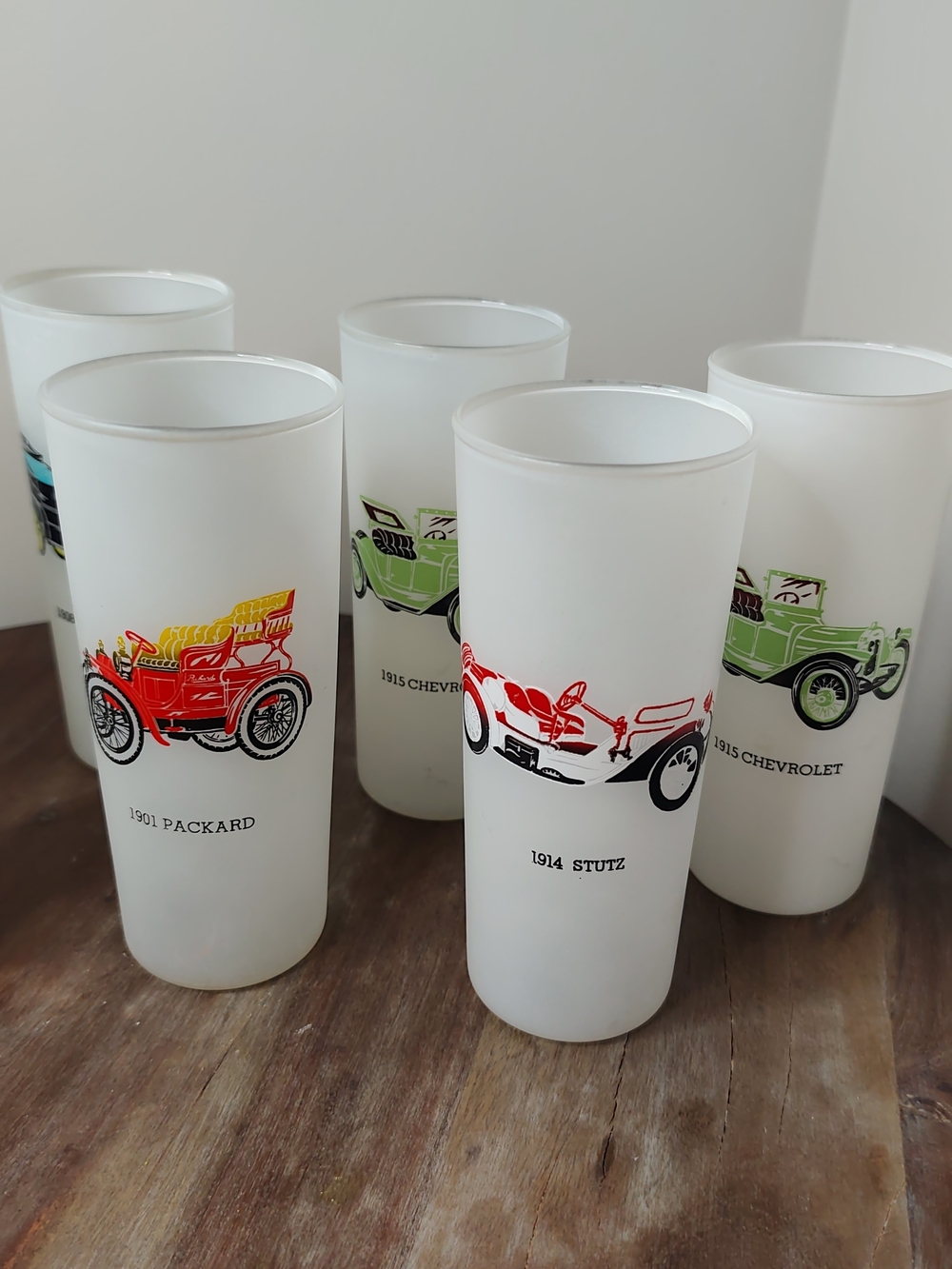 Vintage Frosted Glass Tumblers with Antique Cars
